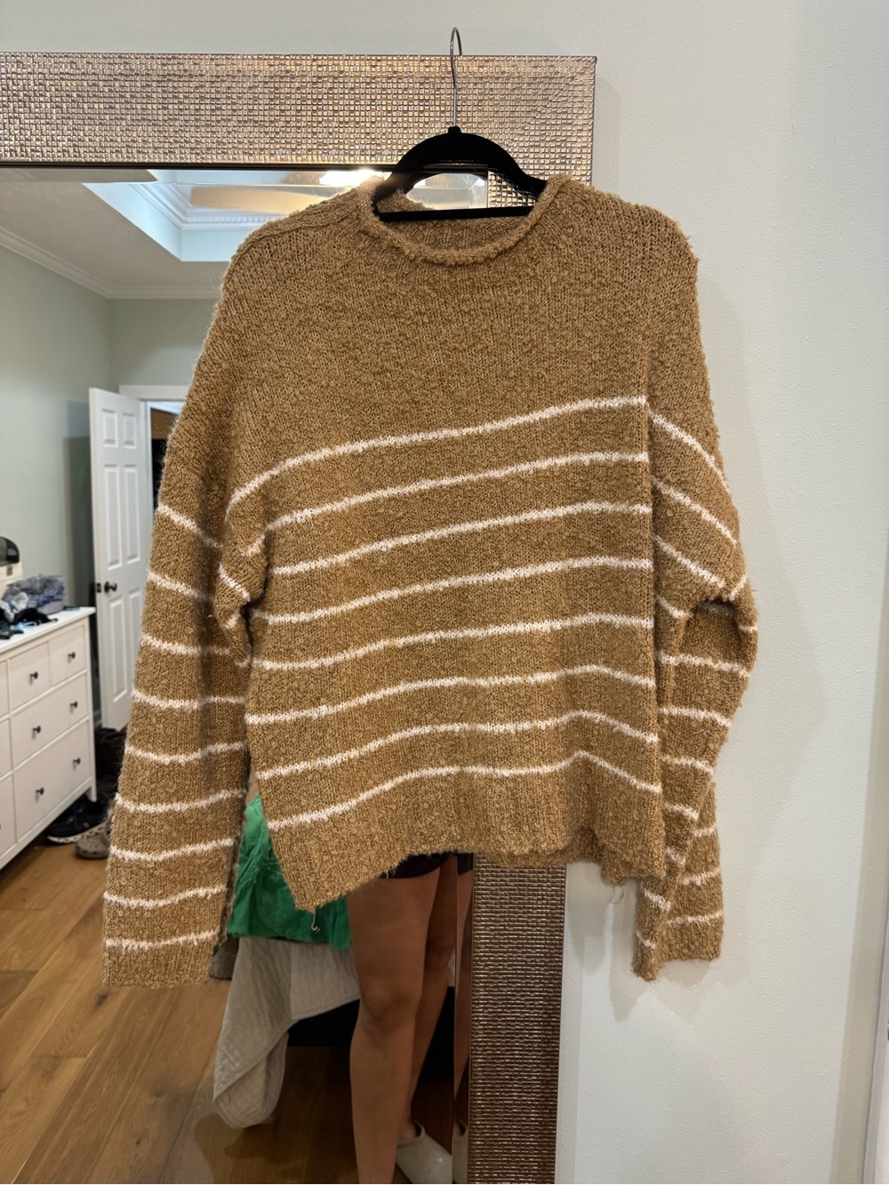 J. Crew Tan and White Striped Crewneck Sweater